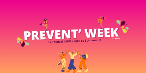 Affiche colorée du festival Prevent' Week – Le festival 100 % santé de l’Université, 2e édition. L’image montre des personnages en train de danser et de célébrer sur un fond dégradé rose-orange, illustrant la convivialité et la vitalité de l’événement.