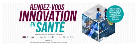 visuel des Rendez-vous innovation en santé, avec un cube de photos dans la thématique santé, et la frise des membres fondateurs du PUI